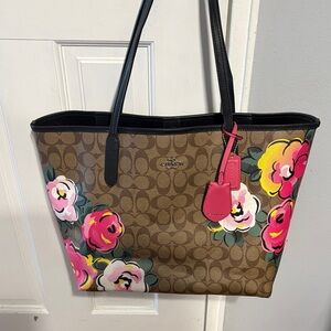 Coach Signature Floral Tote in Brown, Pink and Yellow